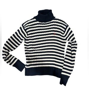 Vintage Polo Ralph Lauren Striped Turtleneck Sweater M 100% Cotton Navy Cream